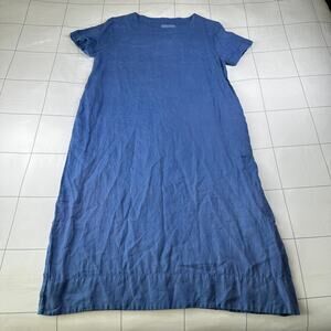 Lazy Bones Dress Womens Small Blue Linen Midi Lagenlook Minimalist Short Sleeve
